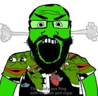 angry arm beard bowtie cigar clothes frog fume glasses green_skin i_love open_mouth pepe soyjak subvariant:science_lover suit text variant:markiplier_soyjak // 800x789 // 243.7KB