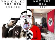 adolf_hitler bedroom blood bloodshot_eyes clothes crying glasses gun gynaecomastia hanging mustache nazi_germany nazism poster rope soyjak subvariant:chudjak_front suicide suit swastika text tongue variant:bernd variant:chudjak window // 1033x759 // 852.3KB