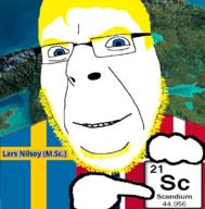 alternate blue_eyes chemistry country denmark element flag glasses hair hand holding_object irl_background looking_at_you norway pointing scandium smile soyjak stubble sweden text variant:cobson yellow_hair // 776x790 // 447.2KB