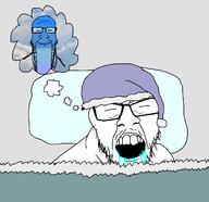 2soyjaks bed blanket blue_skin calm closed_eyes closed_mouth clothes dream drool glasses hat nightcap open_mouth sky sleeping smile soyjak speech_bubble stretched_chin stubble thought_bubble variant:feraljak variant:markiplier_soyjak // 1900x1837 // 443.0KB
