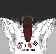1488 blood bloodshot_eyes buff calm closed_mouth fume glasses happy_merchant heart i_love judaism large_nose nazism no_symbol ogre_ears racism red_eyes red_skin shadow smile smoke soyjak stretched_chin stubble swastika sweating text variant:markiplier_soyjak // 1067x1019 // 604.1KB