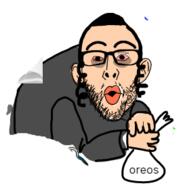 arm bag clothes ear flockmod glasses hair hand hat holding_object judaism kippah open_mouth oreo payos red_eyes soyjak stubble tired variant:nojak white_skin // 267x283 // 39.0KB