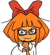 angry bowtie cartoon dutch eyelashes female glasses hair hair_ribbon mymy ongezellig orange_hair orange_skin smile soyjak stubble variant:feraljak // 769x851 // 165.8KB