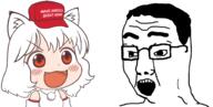 anime anime_female cap clothes donald_trump excited glasses hair hat inubashiri_momiji maga open_mouth soyjak touhou variant:chudjak video_game white_hair // 1988x1000 // 418.4KB