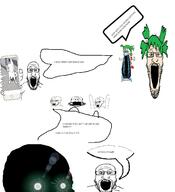 4chan aarons_animals animal anime arm cat crying full_body glasses glowing_eyes green_hair hair hand holding_object holding_phone inverted iphone multiple_soyjaks open_mouth phone soyjak speech_bubble stubble subvariant:phoneplier subvariant:phoneplier_vertical text variant:cryboy_soyjak variant:markiplier_soyjak variant:soyak white_skin yotsoyba // 1284x1407 // 405.2KB