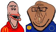 2soyjaks amerimutt award bald black_sclera brown_skin closed_mouth clothes flag:european_union glasses hair mcdonalds open_mouth opposite smile stubble subvariant:euromutt subvariant:impish_amerimutt teeth // 1104x637 // 130.7KB