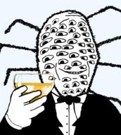 alcohol animal bowtie bsc bug champagne closed_mouth clothes drink drinking glass holding_object leg multiple_eyes no_body smile spider stubble subvariant:wholesome_soyjak suit toast variant:gapejak // 896x1000 // 196.5KB