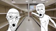 2soyjaks arm glasses hand irl_background looking_at_you mustache nipple open_mouth pointing shelves shopping_cart skinny soyjak starving store stubble variant:two_pointing_soyjaks // 1600x900 // 1.7MB