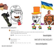 arm bloodshot_eyes bowtie candy charlie_and_the_chocolate_factory choco_bugs chocolate clothes country crying flag food glasses green_hair hair hand hat helmet holding_object multiple_soyjaks mustache oompa_loompa open_mouth orange_skin red_eyes reddit russo_ukrainian_war smile soyjak stubble subvariant:wholesome_soyjak suit text top_hat ukraine variant:classic_soyjak variant:feraljak variant:gapejak willy_wonka // 3451x2998 // 3.2MB