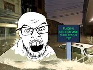 angry car flood glasses irl_background mustache open_mouth sign soyjak stubble text town variant:feraljak water // 900x675 // 609.8KB