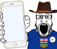 alberta arm canada clothes conservative country cross flag glasses hand hat holding_object holding_phone iphone open_mouth phone soyjak stubble subvariant:phoneplier subvariant:phoneplier_vertical template tshirt variant:markiplier_soyjak // 2160x1884 // 1.4MB