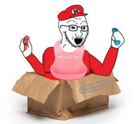 arm bib blue box cardboard clothes controller glasses hand hat holding_object logo mario nintendo nintendo_labo nintendo_switch open_mouth red shadow sitting soyjak special_boy stubble text tshirt variant:classic_soyjak video_game // 1200x1099 // 124.7KB