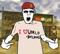 arm clothes ear fallout fallout_new_vegas glasses hand heart i_love military_beret open_mouth pointing soyjak text tranny tshirt variant:shirtjak video_game // 618x559 // 393.0KB