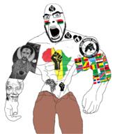 africa angry arm bbc breasts buff clothes country flag glasses haile_selassie nelson_mandela open_mouth pan_african queen_of_spades soyjak stubble tattoo variant:cobson // 859x1000 // 418.2KB