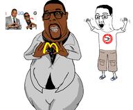 2soyjaks black_skin chud closed_mouth clothes ear excited fat full_body glasses grin hair hand hands_up illuminati kanye_west mcdonalds open_mouth pol_(4chan) soyjak swastika variant:chudjak variant:cobson // 2515x2088 // 601.3KB