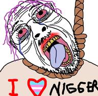 bloodshot_eyes crying flag glasses hair hanging i_heart_nigger i_love mustache nigger open_mouth purple_hair rope soyjak stubble suicide text tired tongue tranny variant:bernd yellow_teeth // 726x711 // 426.4KB