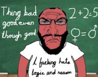 angry arm balding beard blackboard chalkboard clothes female five glasses i_hate logic male math punisher_face red red_skin soyjak teacher text trans_rights tshirt two variant:science_lover // 1200x935 // 841.4KB