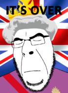 closed_mouth clothes country elizabeth_ii flag glasses hair hat its_over queen soyjak stubble text united_kingdom variant:cobson white_hair // 775x1068 // 295.1KB