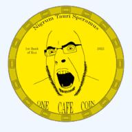 2022 cafe_coin discord glasses gold latin_text open_mouth soyjak soyjak_cafe stubble text variant:cobson yellow_skin // 1000x1000 // 333.7KB
