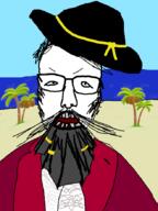 beard clothes drawn_background glasses hair hat mustache open_mouth palm_tree pirate soyjak variant:unknown // 660x879 // 109.9KB