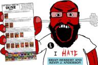 angry arm badge balding beard book clothes dune fume glasses hair hand holding_object i_hate lit_(4chan) open_mouth phone red_skin soyjak soyjak_holding_phone text tshirt variant:science_lover // 1151x760 // 645.0KB