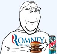 arm can clothes food glasses hamburger hand holding_object lunch mitt_romney mountain_dew muncher smile soyjak stubble subvariant:wholesome_soyjak text variant:gapejak // 1655x1561 // 772.3KB