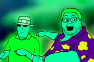 2soyjaks arm central_intelligence_agency clothes fat frown glasses glowing green_hair green_skin hair hand hat hawaiian_shirt jurassic_park open_mouth pointing see_nobody_cares soyjak stubble sunglasses variant:cobson variant:dennis_nedry watch // 1908x1264 // 1.6MB