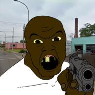 angry black_skin clothes gun hand holding_gun holding_pistol irl_background nigger open_mouth soyjak variant:feraljak yellow_sclera yellow_teeth // 1500x1500 // 932.5KB