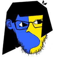 blue_skin cartoon ear ena female glasses hair looking_to_the_right no_eyebrows no_mouth soyjak stubble variant:feraljak yellow_skin // 1069x1087 // 22.7KB