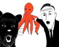 2soyjaks animal arm cat clothes cthulhu ear h_p_lovecraft hair hand mustache necktie octopus open_mouth pointing removal_candidate soyjak stubble suit thumbnail variant:two_pointing_soyjaks whisker // 506x400 // 169.8KB