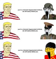 asian bloodshot_eyes camouflage chad china closed_eyes clothes combat_helmet comic communism country countrywar crying epaulettes flag flag:china flag:united_states glasses hair hammer_and_sickle helmet military military_uniform nazism open_mouth politics schutzstaffel screaming small_eyes soyjak star star_(symbol) stretched_mouth stubble text united_states variant:soyak yellow yellow_skin // 2037x2146 // 994.7KB
