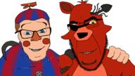 2soyjaks animatronic arm balloon_boy buttoned_shirt ear eyepatch five_nights_at_freddy's five_nights_at_freddy's_2 fnaf foxy_(fnaf) friendship glasses hair hand happy hook looking_at_you propeller_hat smile soyjak stubble variant:cobson variant:feraljak withered_foxy // 1920x1080 // 262.7KB