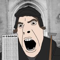 angry brown_eyes brown_hair clothes hair hat his_(4chan) history martin_luther open_mouth soyjak text variant:cobson white_skin // 971x971 // 145.8KB