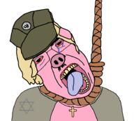 animal bloodshot_eyes christianity clothes cross crying ear female glasses hair hanging hat judaism marichka nazism necklace oink open_mouth pig pink_skin rope russo_ukrainian_war snout soyjak star_of_david subvariant:chudjak_front suicide swastika ukraine variant:chudjak yellow_hair // 926x836 // 229.5KB