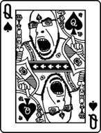 4soyjaks angry bbc black_and_white card finger gem glasses hand monochrome open_mouth penis playing_card pointing pointing_up pun queen_of_spades sash spade spadeson stubble subvariant:spadeson testicles text thick_eyebrows variant:cobson variant:unknown vein white_eyes // 576x758 // 47.2KB