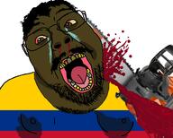 blood bloodshot_eyes brown_skin cartel chainsaw colombia country crime crying death flag glasses gore hair murder mustache open_mouth soyjak sweating variant:gapejak yellow_teeth // 1580x1267 // 685.0KB