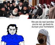 angry arab black_skin bloodshot_eyes brown_eyes buff closed_mouth clothes crying distorted glasses hair hat irl judaism keffiyeh kippah open_mouth soyjak stretched_mouth stubble subvariant:chudjak_front subvariant:muscular_chud text thick_eyebrows variant:chudjak variant:soyak vein yellow_sclera // 3464x2863 // 1.5MB