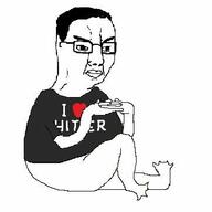 adolf_hitler angry closed_mouth clothes full_body glasses groyper hair heart i_love meta:low_resolution sitting soyjak text tshirt variant:chudjak // 362x362 // 16.3KB
