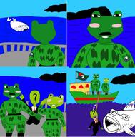 anonymous comic full_body glasses hanging military milo_the_frog mustache open_mouth rope ship soyjak stubble variant:soyfish water // 1079x1094 // 481.5KB
