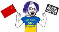 animated arm black_lives_matter clothes communism glasses hammer_and_sickle hand_arm_holding hanging leg looking_down makeup multiple_soyjaks mustache necklace nordic_chad open_mouth purple_hair refugees_welcome rope soviet_union soyjak soyjak_comic star stubble suicide text tongue tranny tshirt ukraine variant:soyak xi_jinping // 1126x629 // 516.2KB