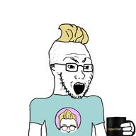 angry clothes cup deboonker glasses hair holding_object mug open_mouth snopes soyjak tshirt variant:classic_soyjak yellow_hair // 680x680 // 143.3KB