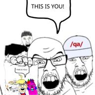 4chan angry antenna baseball_cap blue_eyes furry glasses green_eyes hair holding_object janny knowyourmeme kym_tan multiple_soyjaks no_u nose_piercing nose_ring open_mouth orange_eyes projection qa_(4chan) reddit snoo soyjak speech_bubble stubble text this_is_you variant:feraljak yellow_hair // 680x680 // 113.6KB