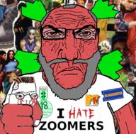 4chan anime arm badge beard blockbuster blood clothes crushing crying fist frown glasses green_hair hair hand i_hate mtv punisher_face soyjak text tshirt variant:science_lover variant:zoomer wrinkles yotsoyba zoomer // 673x663 // 468.4KB