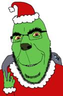 alternate christmas closed_mouth gem glasses green_skin grinch looking_at_you open_mouth red_eyes sack santa_hat smile soyjak stubble variant:cobson // 768x1168 // 114.6KB