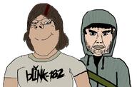 2soyjaks angry blink_182 brown_hair closed_mouth clothes cry_of_fear female femjak glasses hair hoodie mu_(4chan) smile soyjak stubble subvariant:chudjak_front subvariant:gapejak_female tagme_character_name text tshirt variant:chudjak variant:gapejak white_skin // 747x474 // 121.2KB