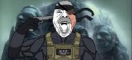 arm clothes grey_hair gun hair hand headband holding_object i_hate metal_gear mustache open_mouth pistol solid_eye solid_snake soyjak text variant:bernd video_game // 1000x460 // 440.6KB