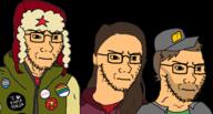 3soyjaks badge brown_hair closed_mouth clothes communism concerned female gay glasses greta_thunberg hammer_and_sickle hat jacket soyjak stubble text tranny variant:classic_soyjak vinesauce vinny white_skin // 940x506 // 403.4KB