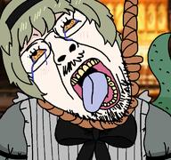 bill_(black_souls) black_souls bowtie clothes crying dress glasses green_hair hair hanging mustache open_mouth soyjak stubble tail tongue tranny variant:bernd video_game white_skin yellow_eyes yellow_teeth // 768x719 // 98.0KB