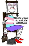animated chains chair closed_mouth clothes crying dress flag:transgender_pride_flag full_body glasses hair hairy lipstick lock makeup pink_hair red_eyes red_face rope shackle soyjak stubble text torture tranny variant:bernd weight // 768x1200 // 523.1KB
