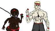 angry arm black_skin blue_eyes buff chains closed_mouth crying ear flag glasses hair hand headband holding_object nipple open_mouth pan_african soyjak spade stubble text tongue turkiye underpants variant:soyak white_skin yellow_hair // 1353x782 // 81.9KB